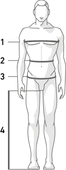 PUMA diagram showing where to measure chest, waist, hips and inseam on a men's body